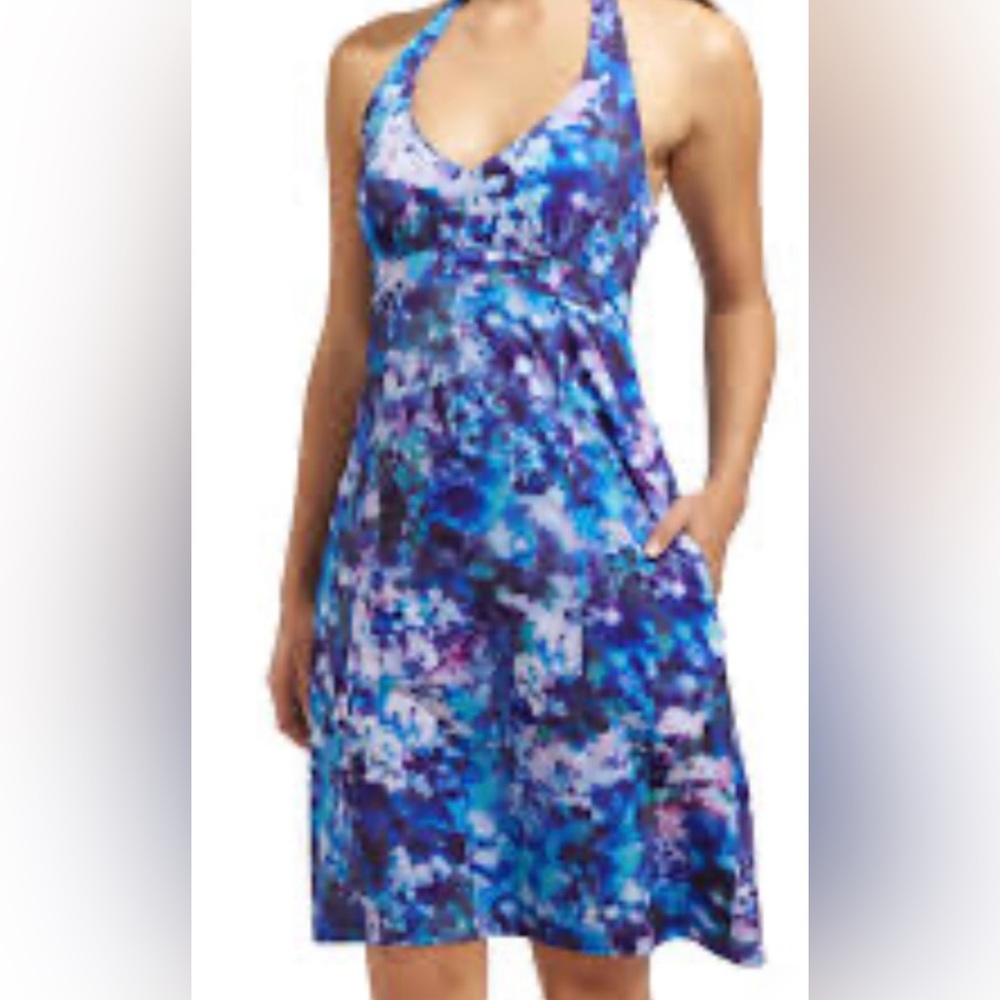 Athleta Protea Pack Everywhere Halter Dress Blue Watercolor Floral Size 2